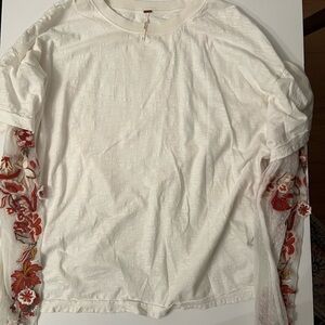 Free People Cream Long Sleeve Embroidered Blouse with Floral Design